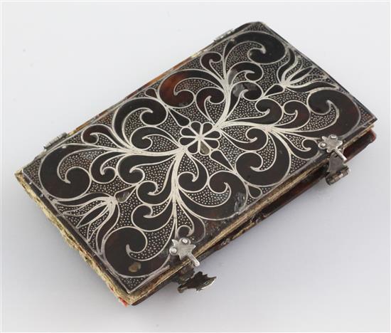 A Charles I silver and tortoiseshell prayer book cover, c.1640, 4.5in.